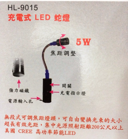 產品名稱：多功能可攜式5W工作燈（HL-9015）